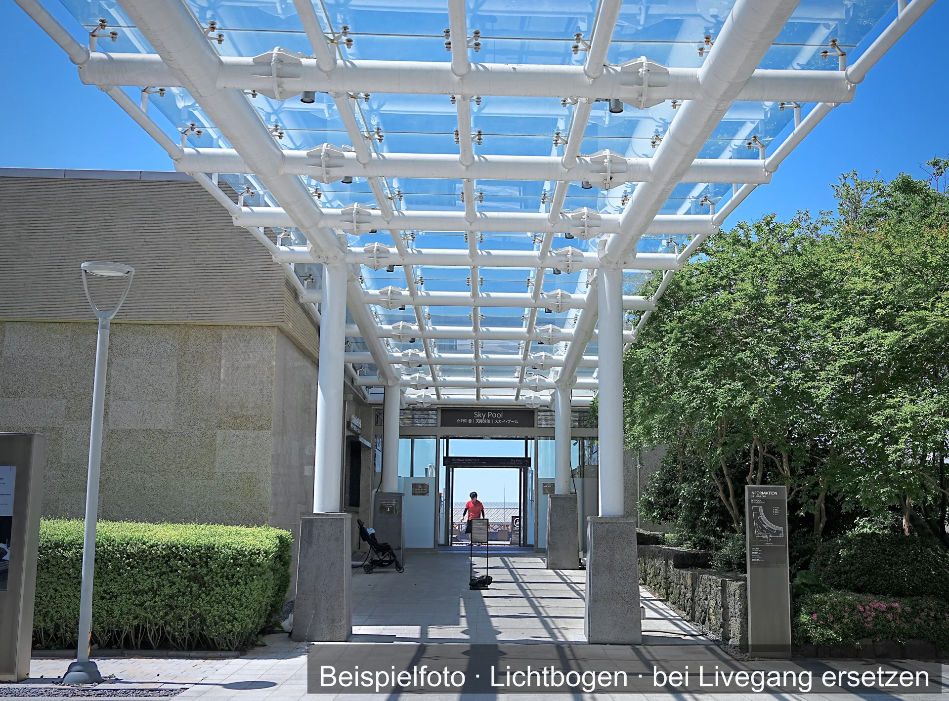 Eine frei stehende Überdachung mit weißen Stahlstützen und Glasdach über einem Weg.