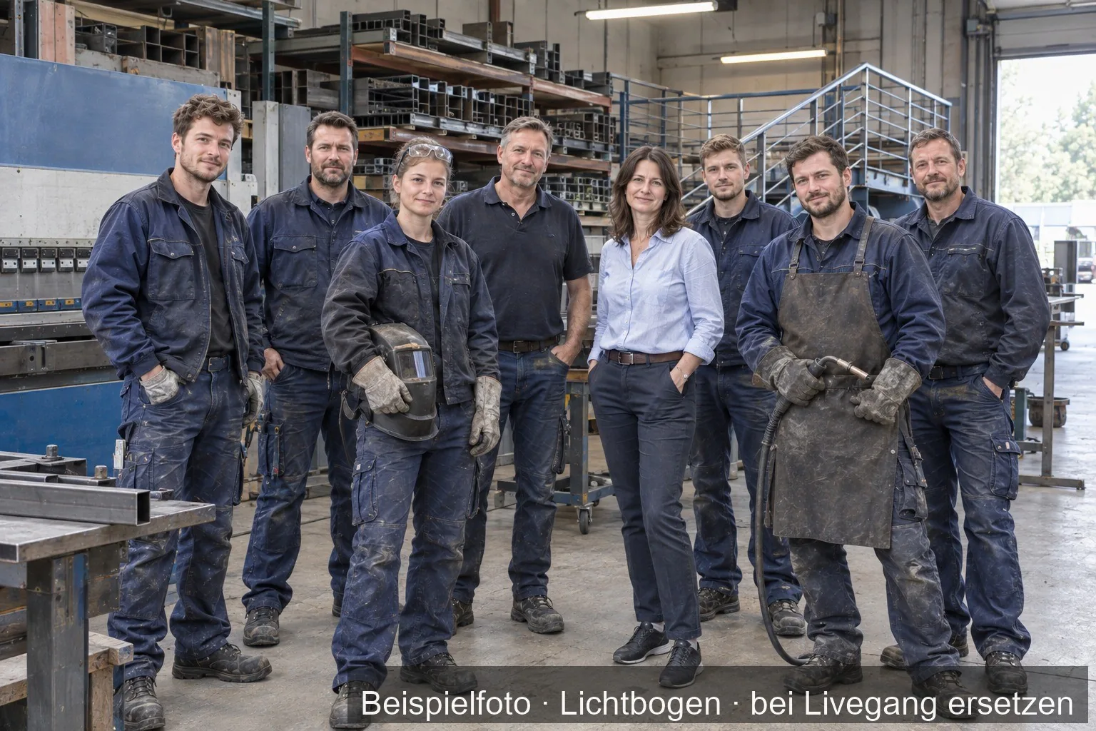 Mehrere Handwerker in Arbeitskleidung in einer Werkstatt für Metallbau.